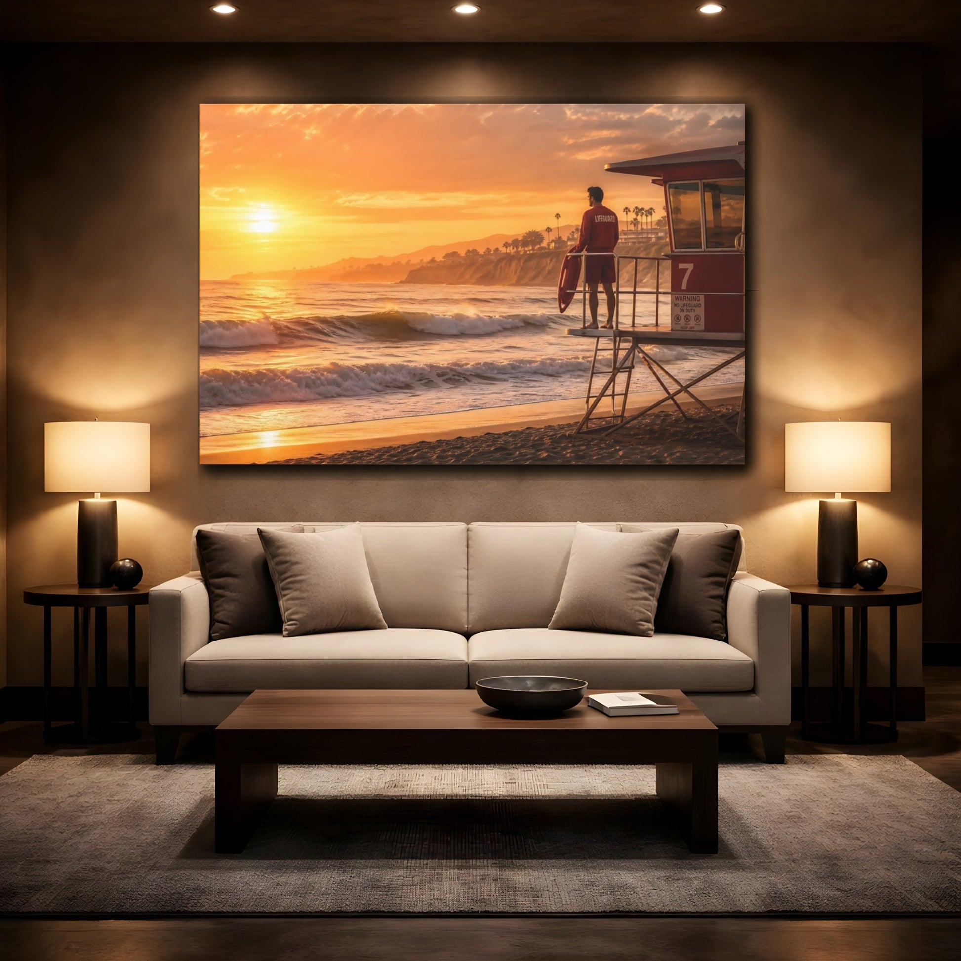 Mockup 2. Nature Beach Lifeguard Orange Sunset shown as canvas print