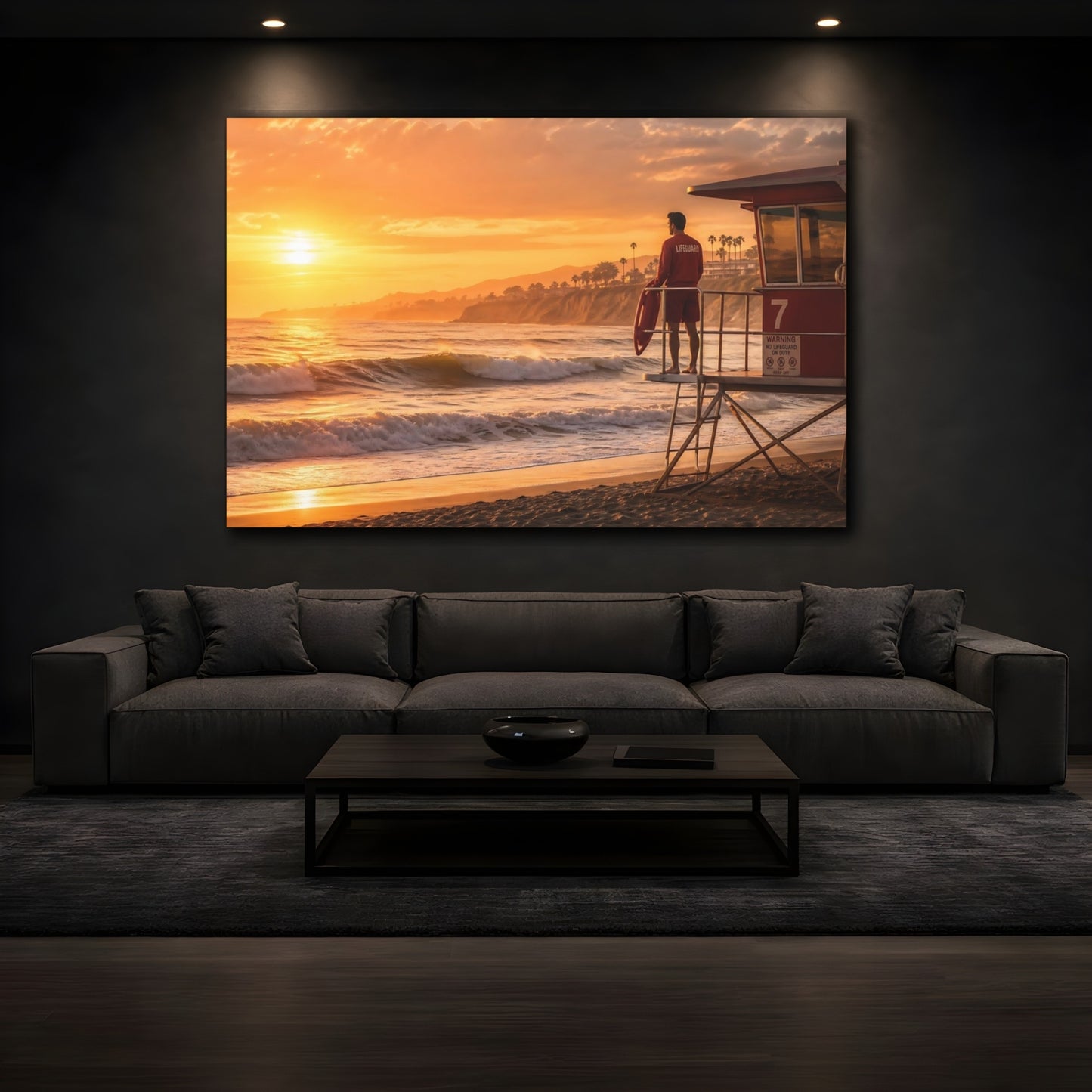 Mockup 3. Nature Beach Lifeguard Orange Sunset shown as canvas print