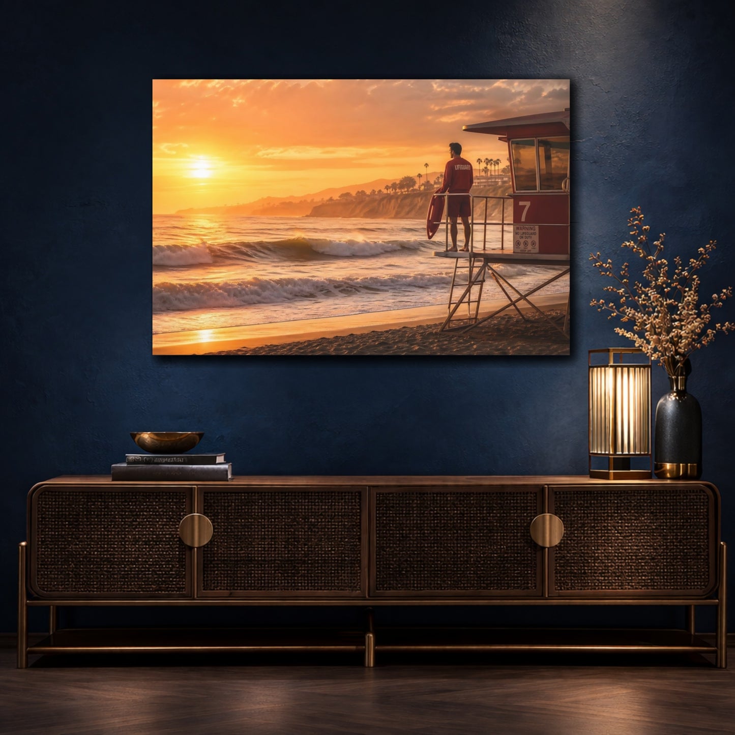 Mockup 4. Nature Beach Lifeguard Orange Sunset shown as canvas print
