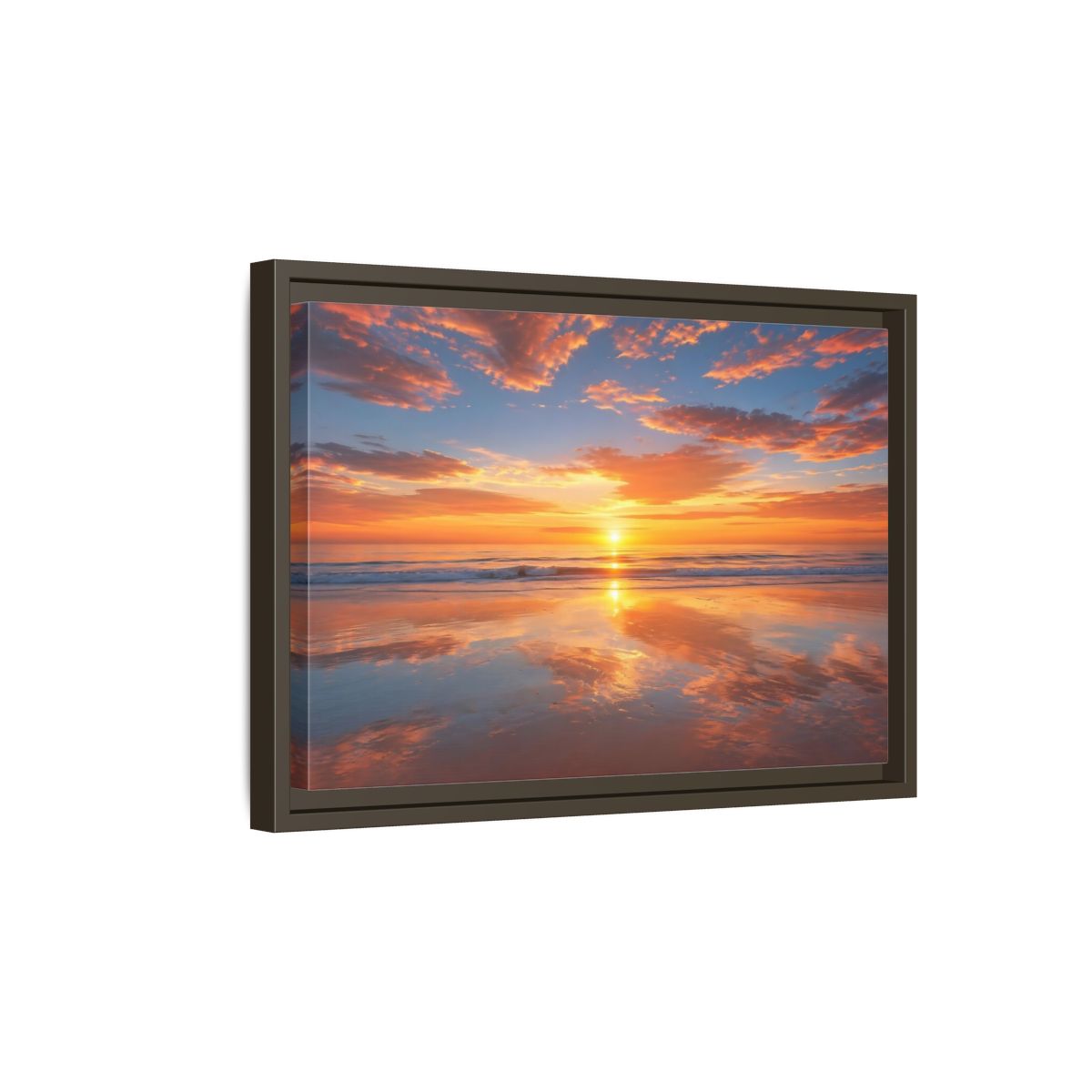 Side Mockup 5. Nature Beach Sunset Orange And Blue Sunset shown as stretched canvas wall art