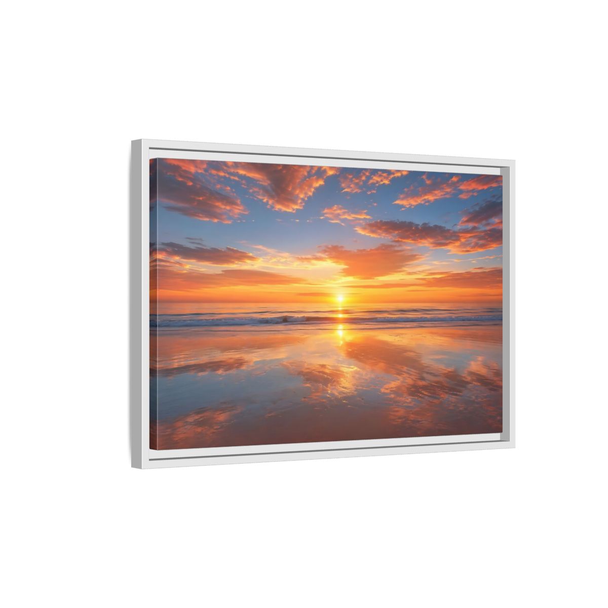 Side Mockup 1. Nature Beach Sunset Orange And Blue Sunset shown as stretched canvas wall art