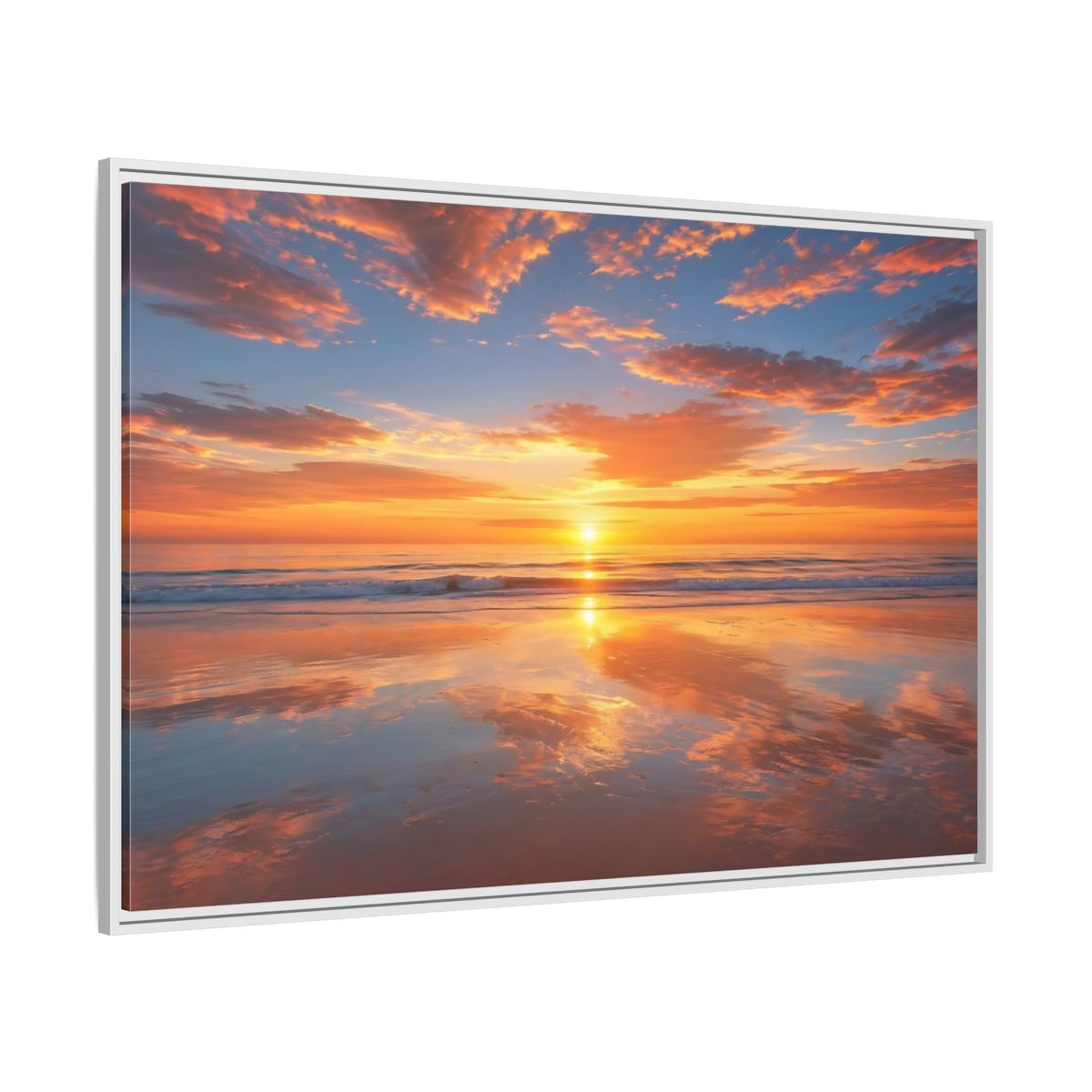 Side Mockup 7. Nature Beach Sunset Orange And Blue Sunset shown as stretched canvas wall art