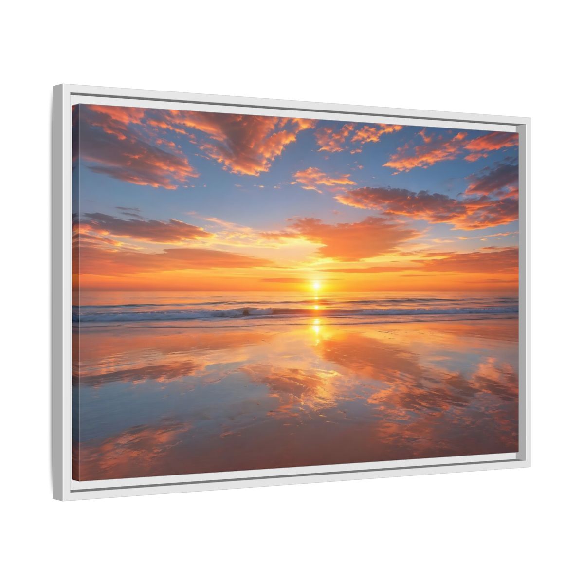 Side Mockup 10. Nature Beach Sunset Orange And Blue Sunset shown as stretched canvas wall art