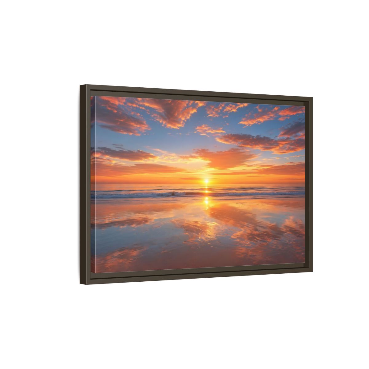 Side Mockup 2. Nature Beach Sunset Orange And Blue Sunset shown as stretched canvas wall art
