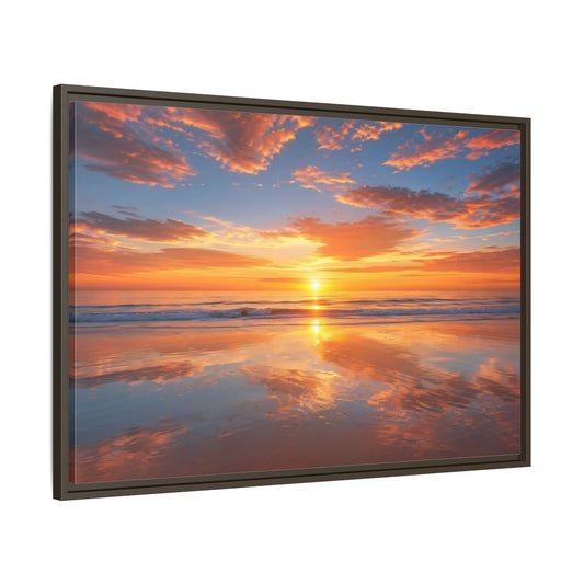 Main Mockup. Nature Beach Sunset Orange And Blue Sunset shown as stretched canvas wall art