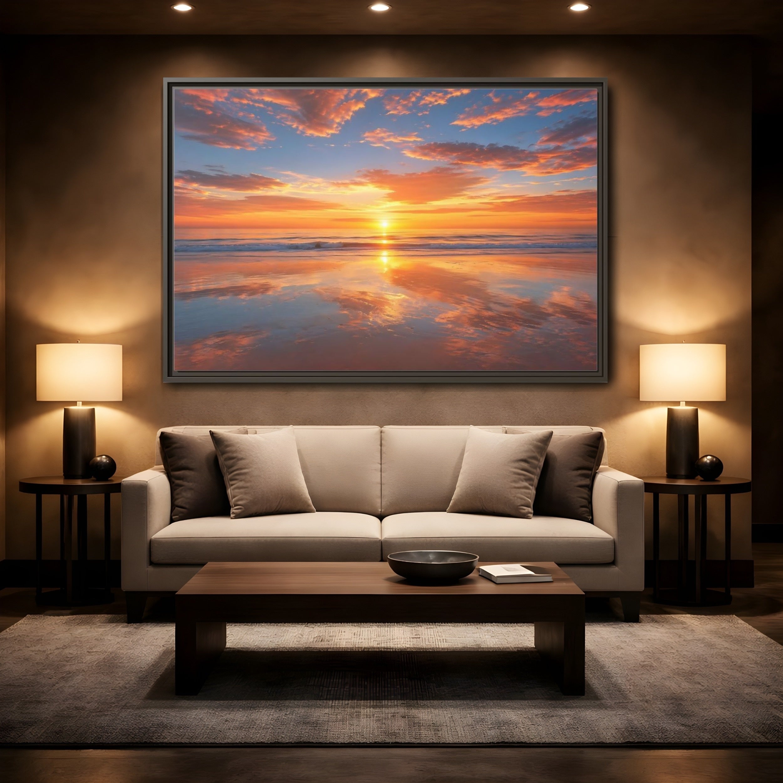 Mockup 2. Nature Beach Sunset Orange And Blue Sunset shown as stretched canvas wall art