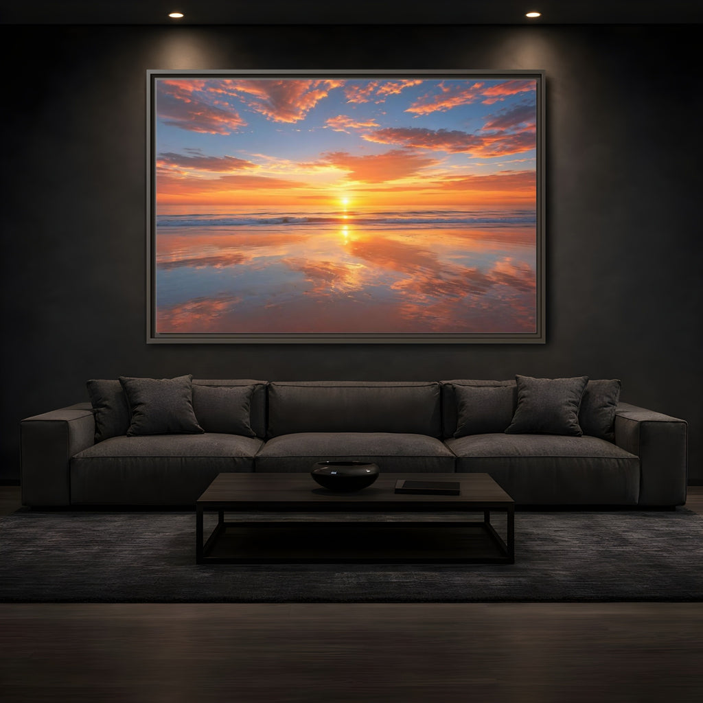 Mockup 3. Nature Beach Sunset Orange And Blue Sunset shown as stretched canvas wall art