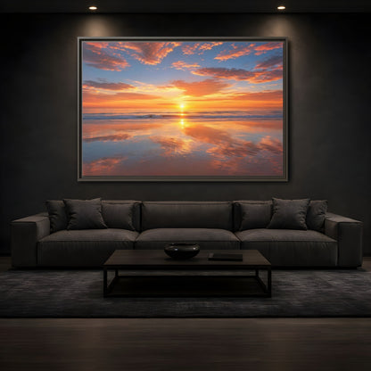 Mockup 3. Nature Beach Sunset Orange And Blue Sunset shown as stretched canvas wall art