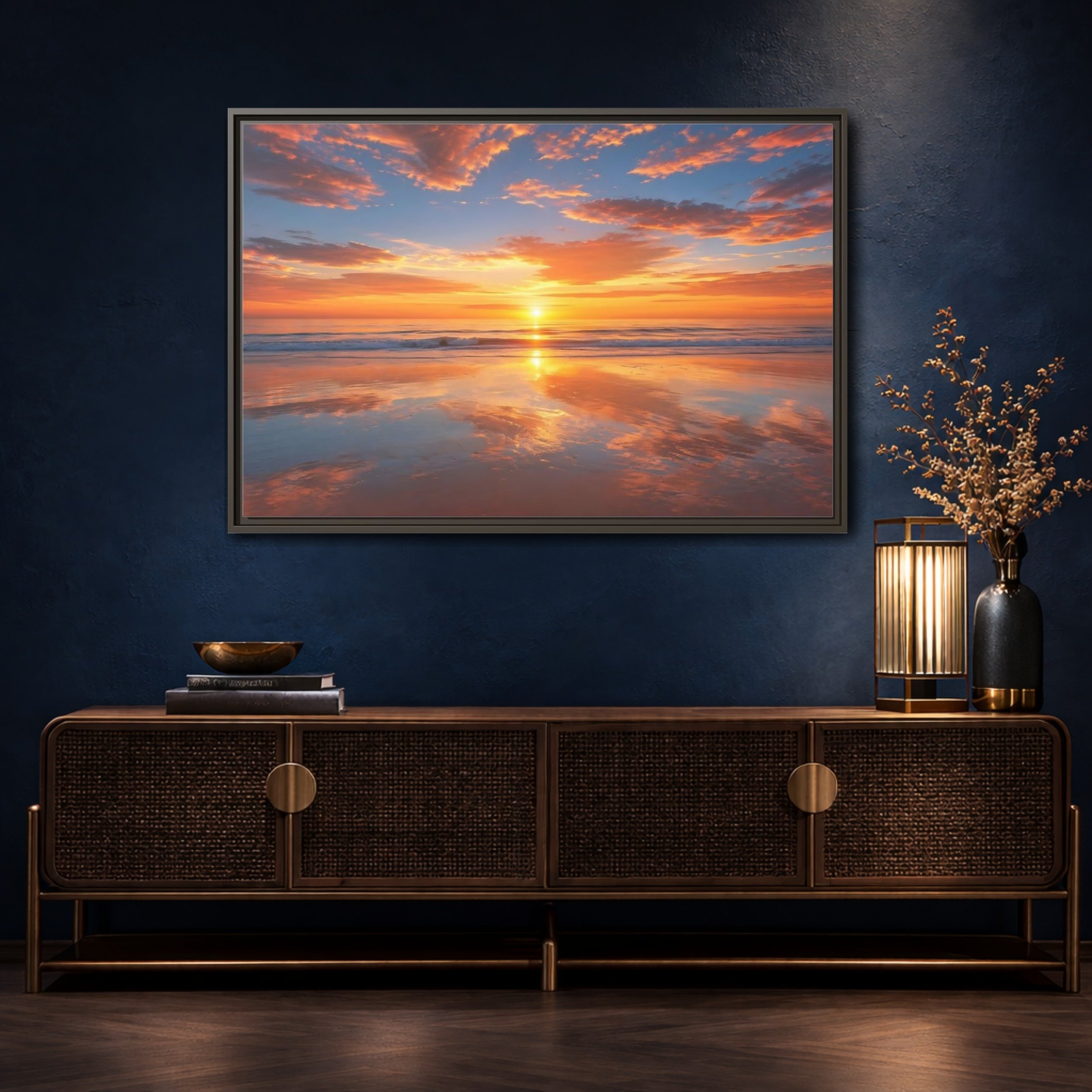 Mockup 4. Nature Beach Sunset Orange And Blue Sunset shown as stretched canvas wall art