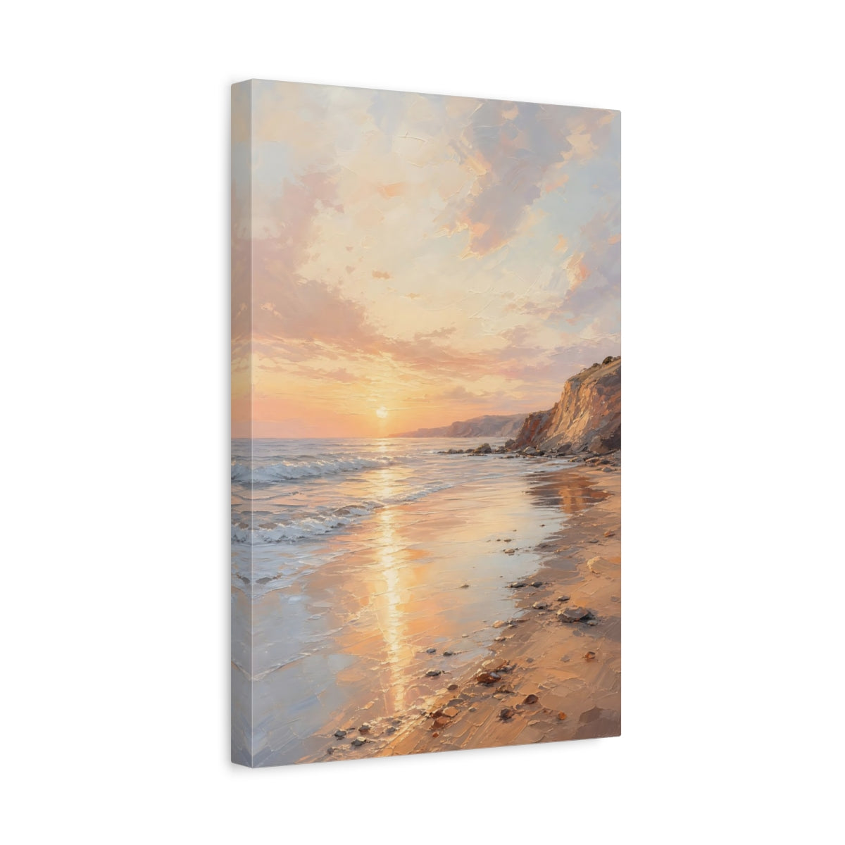 Side Mockup 4. Nature Beach Sunset Peach Sunset Beach shown as stretched canvas wall art