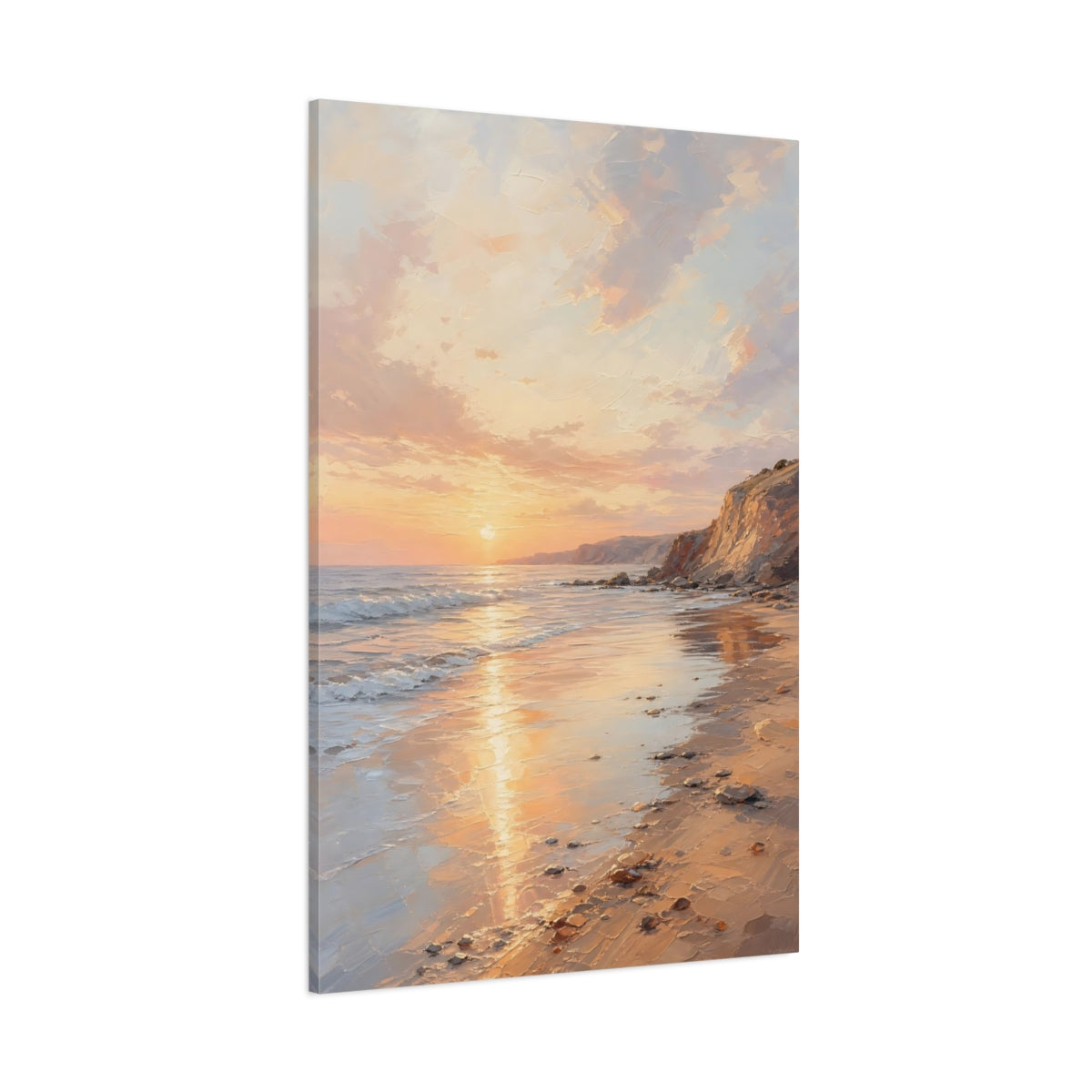 Side Mockup 1. Nature Beach Sunset Peach Sunset Beach shown as stretched canvas wall art