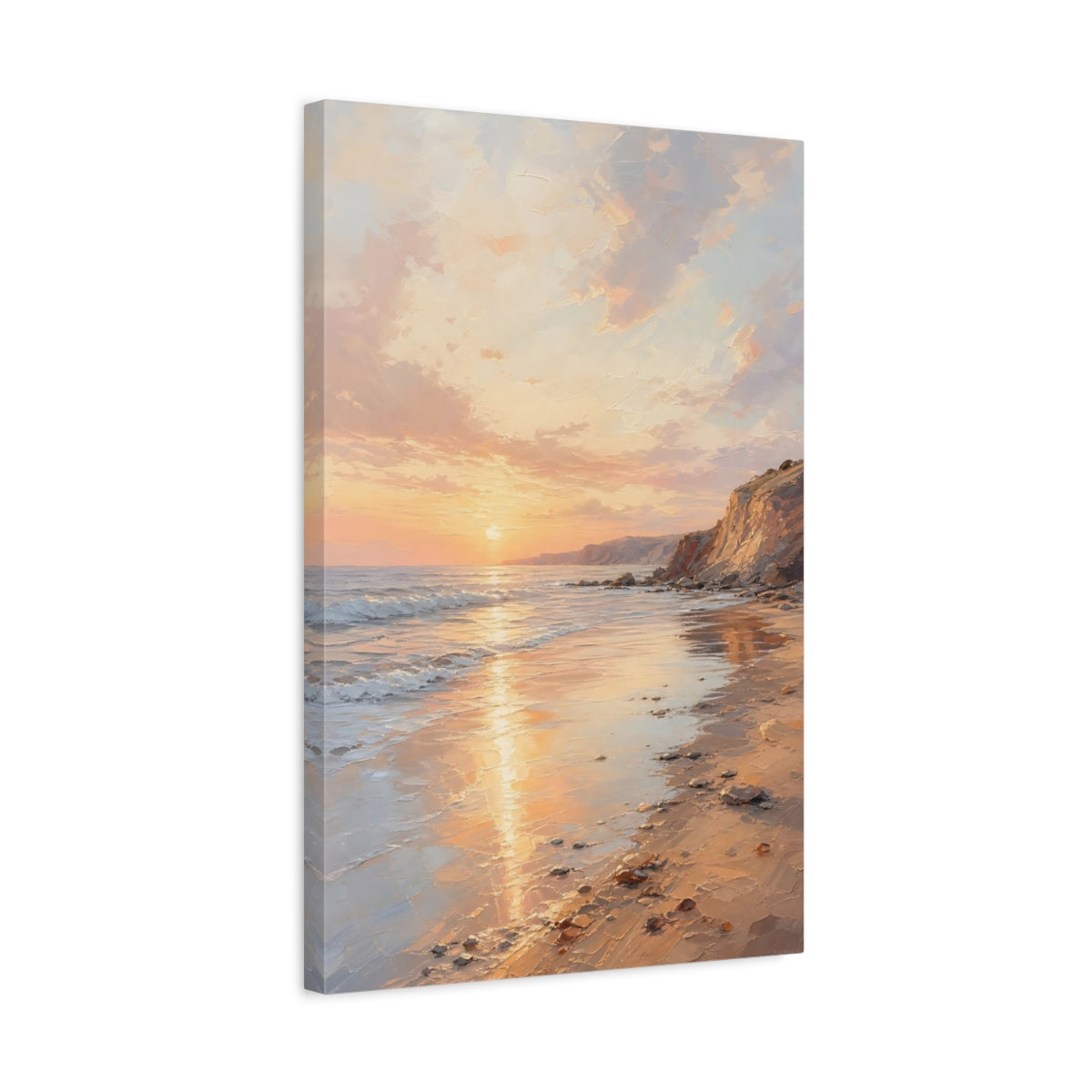 Side Mockup 3. Nature Beach Sunset Peach Sunset Beach shown as stretched canvas wall art