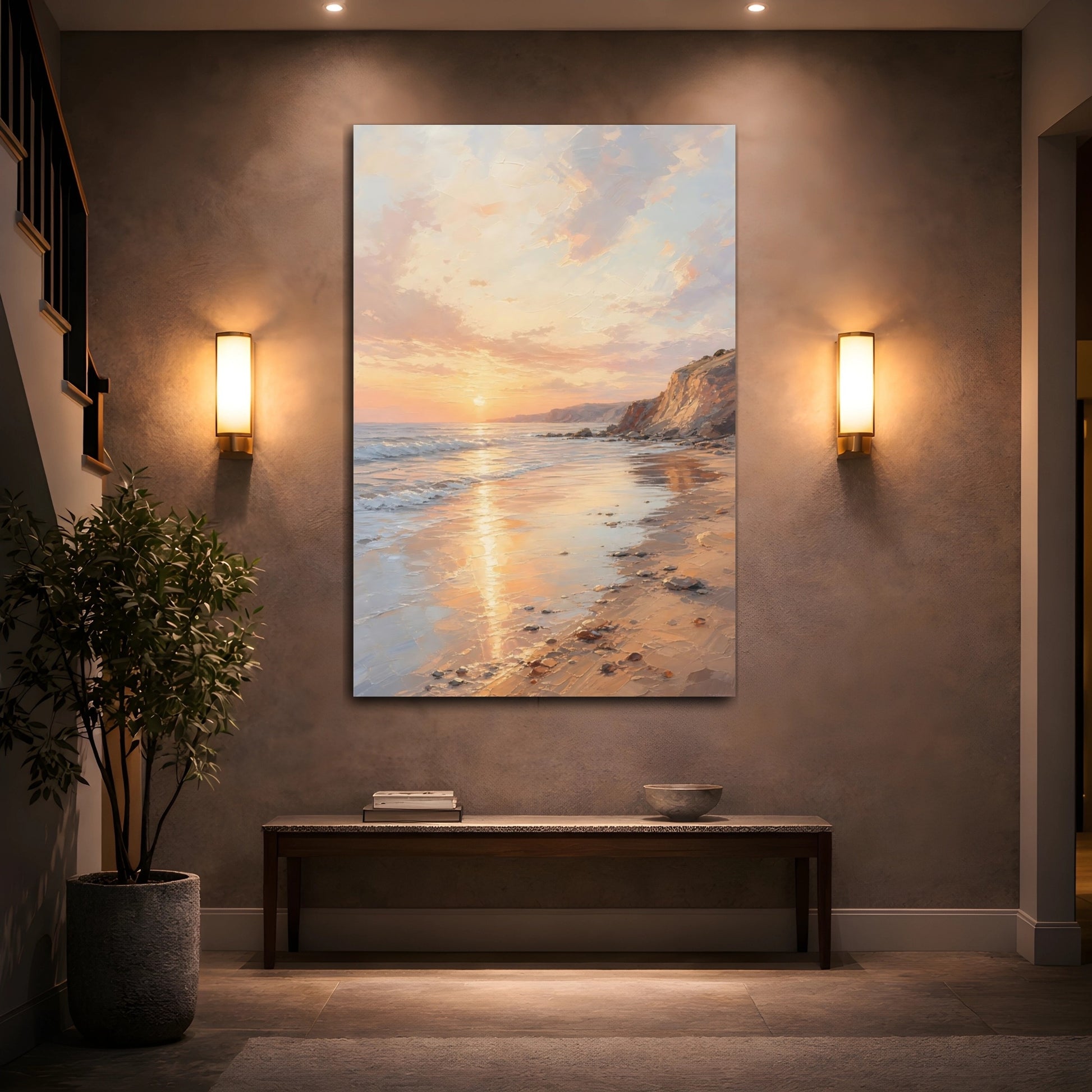 Mockup 2. Nature Beach Sunset Peach Sunset Beach shown as stretched canvas wall art
