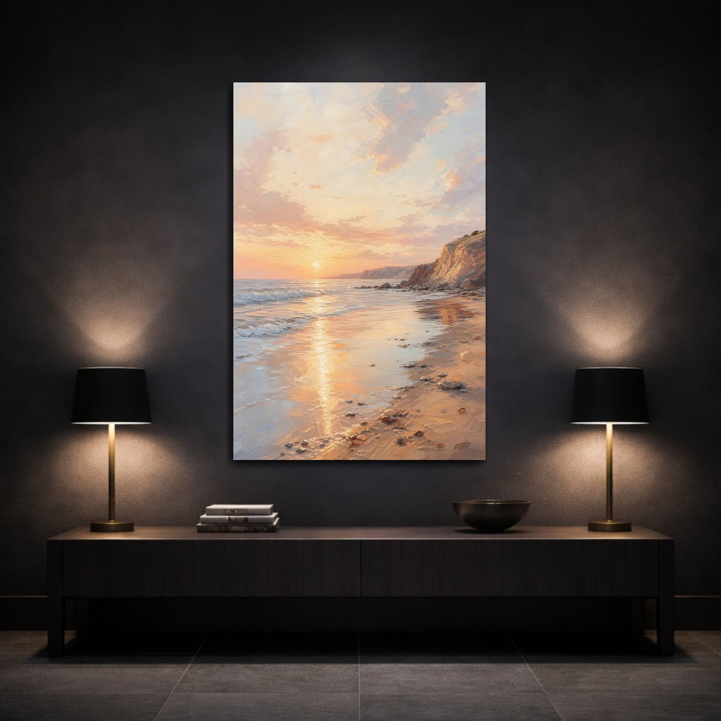 Mockup 3. Nature Beach Sunset Peach Sunset Beach shown as stretched canvas wall art