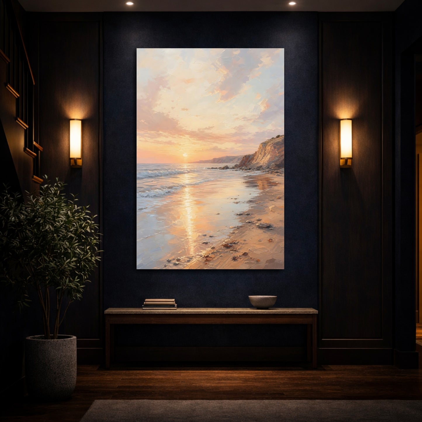 Mockup 4. Nature Beach Sunset Peach Sunset Beach shown as stretched canvas wall art