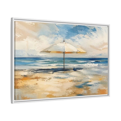 Nature Beach Umbrella Coastal Art Framed Canvas Wall Art - Living Room, Above Sofa, Blue and Gold shown as canvas wall art
