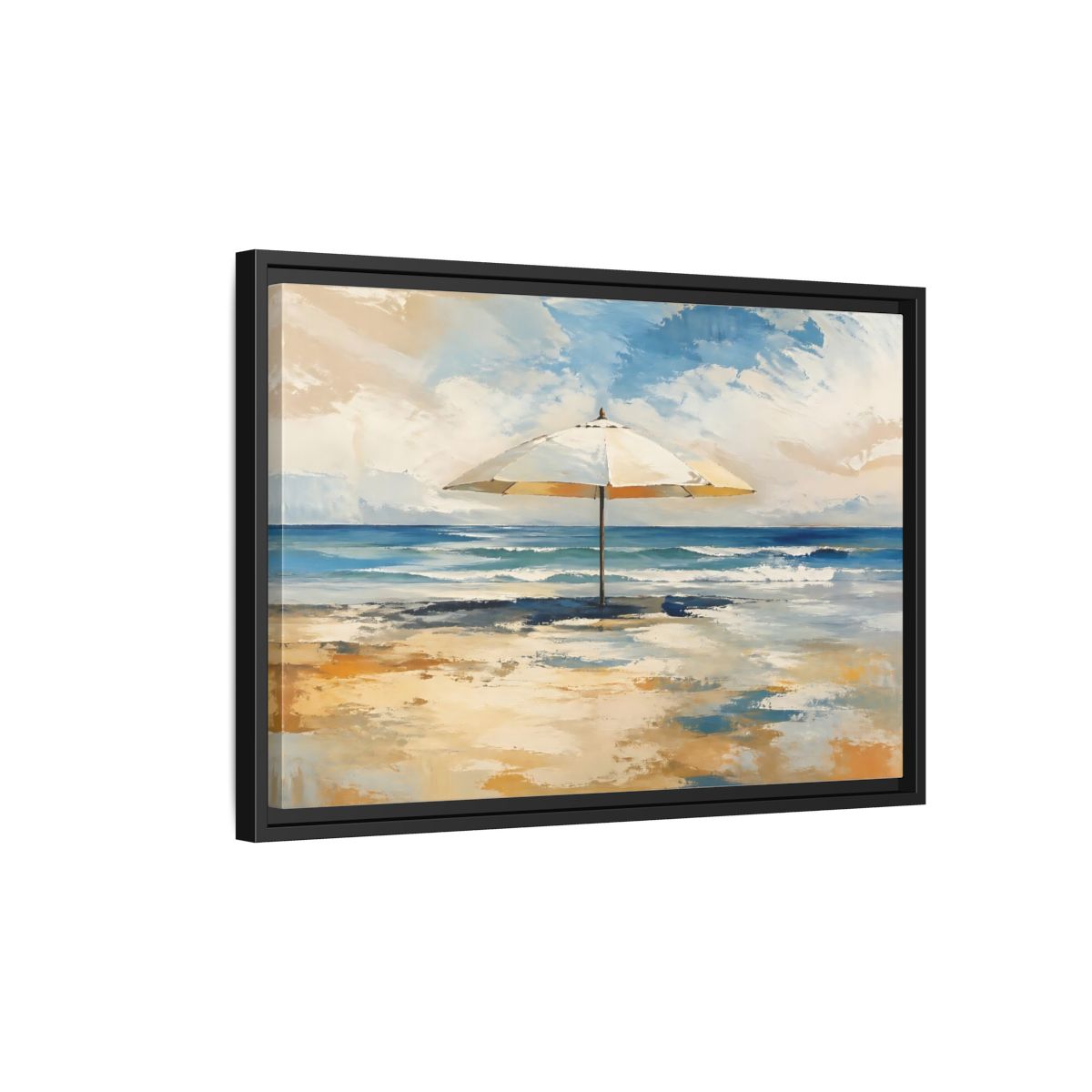 Side Mockup 3. Nature Beach Umbrella Coastal Beach Art shown as stretched canvas wall art