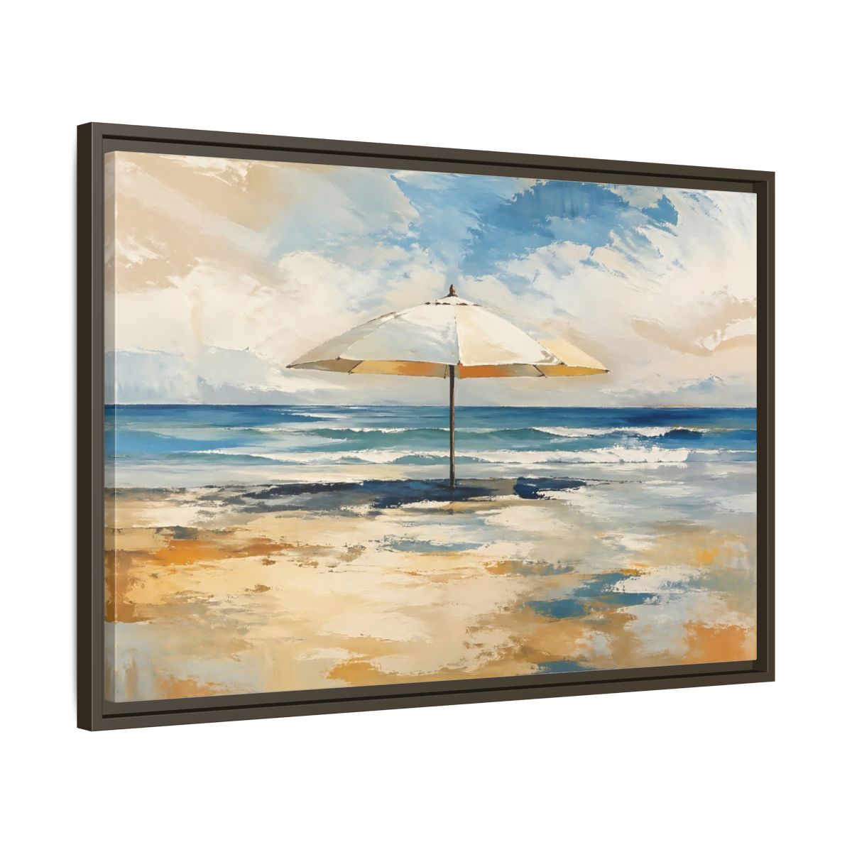 Side Mockup 11. Nature Beach Umbrella Coastal Beach Art shown as stretched canvas wall art