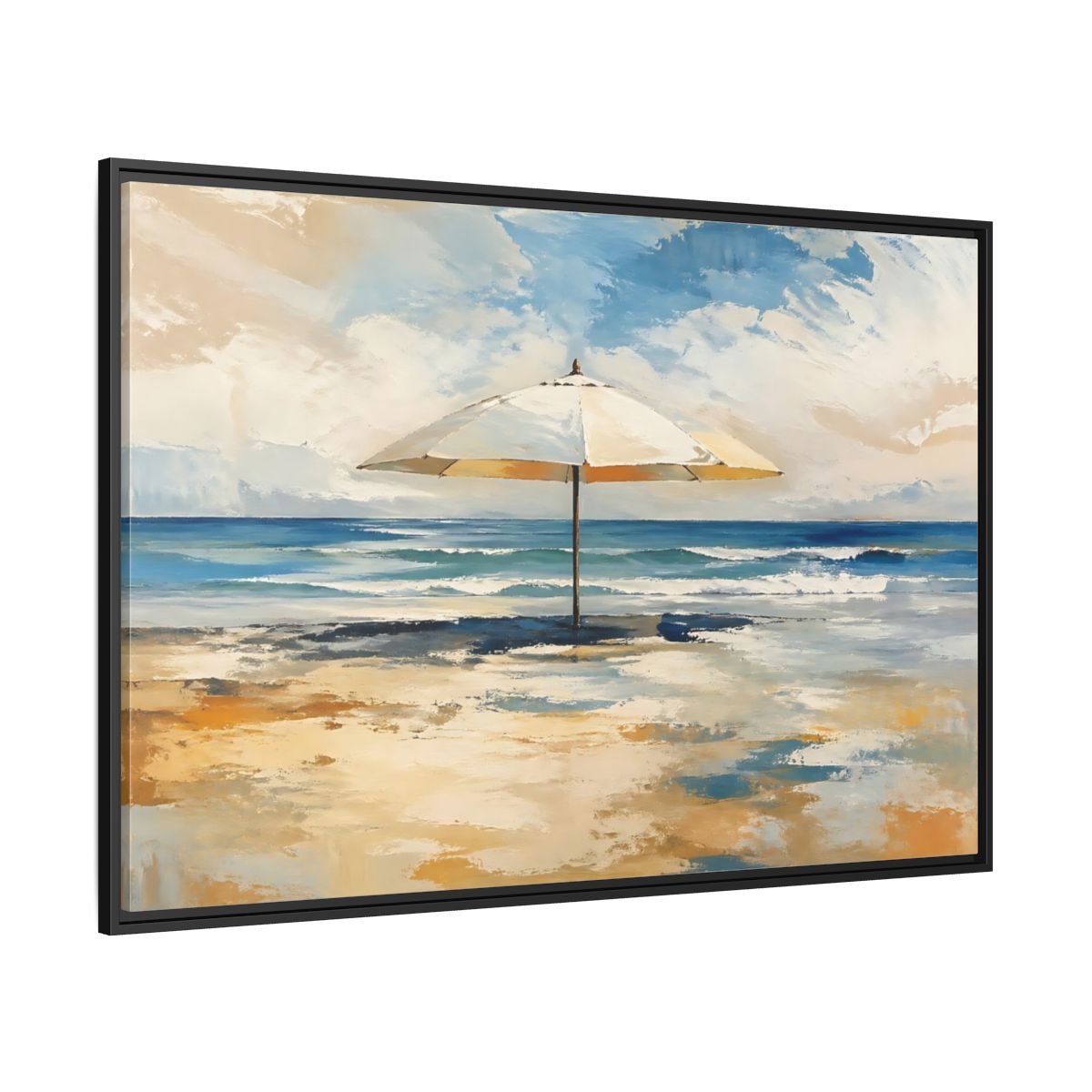 Side Mockup 12. Nature Beach Umbrella Coastal Beach Art shown as stretched canvas wall art