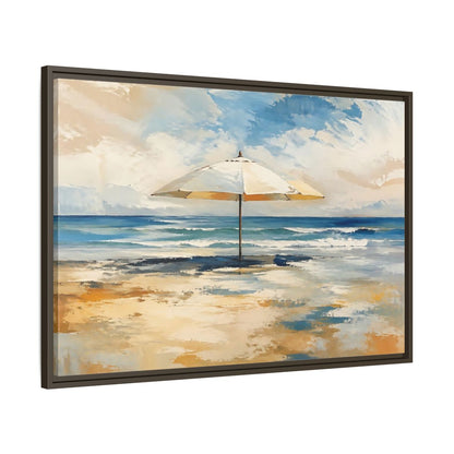 Nature Beach Umbrella Coastal Art Framed Canvas Wall Art - Living Room, Above Sofa, Blue and Gold shown as canvas wall art