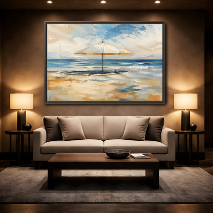 Nature Beach Umbrella Coastal Art Framed Canvas Wall Art - Living Room, Above Sofa, Blue and Gold shown as canvas wall art