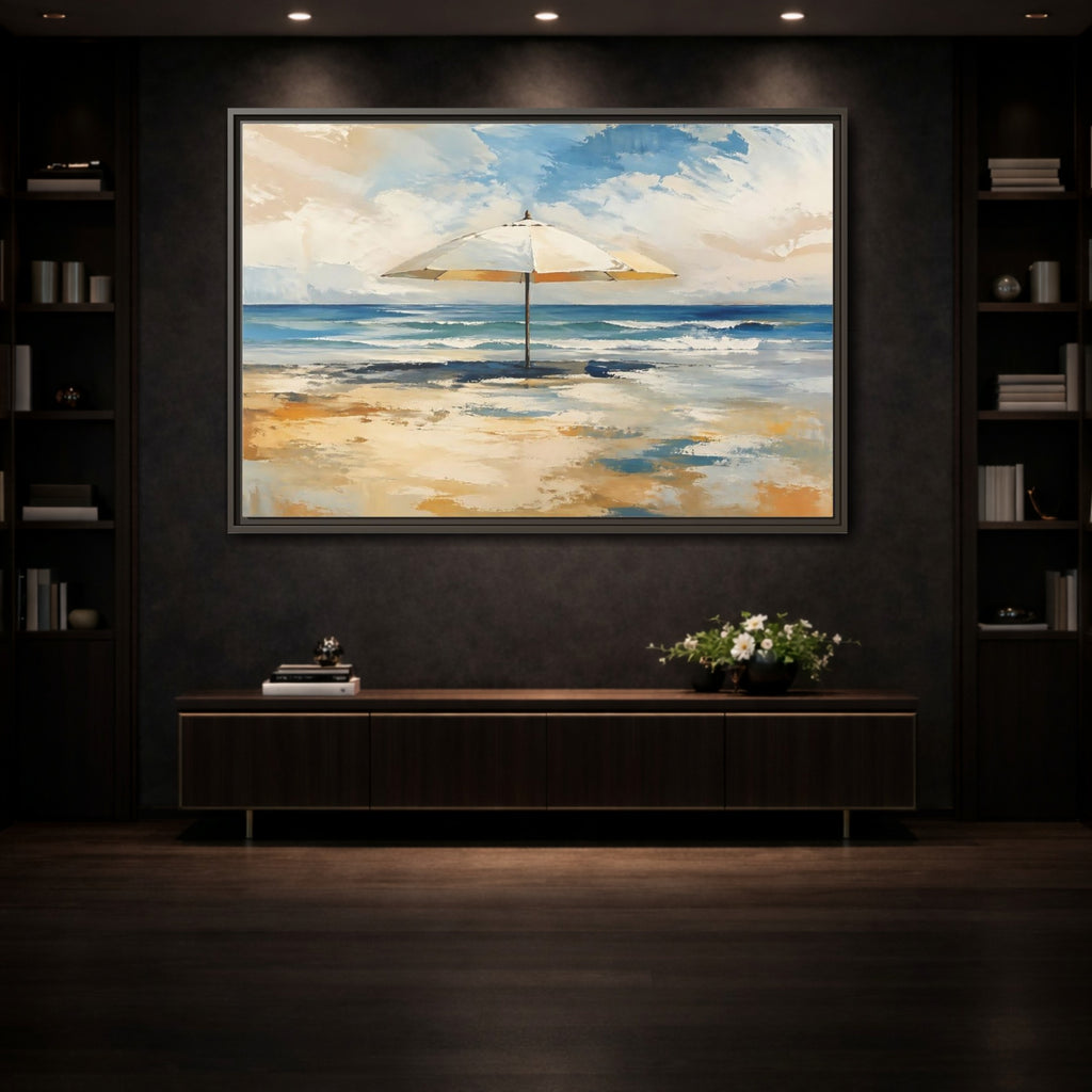 Mockup 3. Nature Beach Umbrella Coastal Beach Art shown as stretched canvas wall art