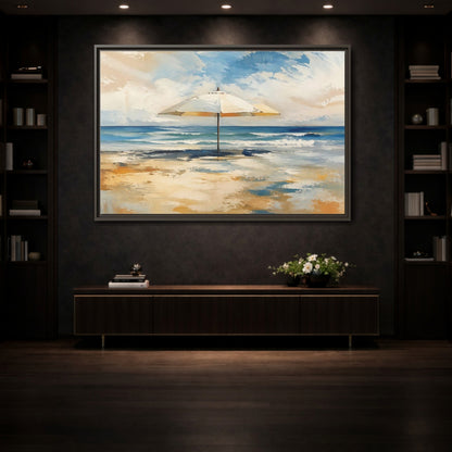 Nature Beach Umbrella Coastal Art Framed Canvas Wall Art - Living Room, Above Sofa, Blue and Gold shown as canvas wall art