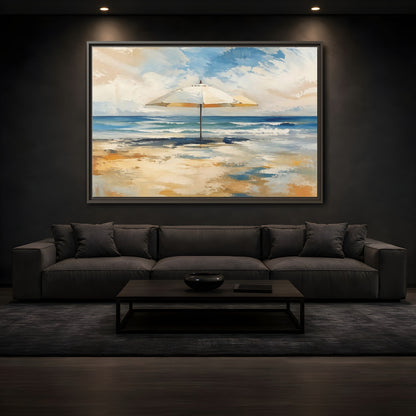 Nature Beach Umbrella Coastal Art Framed Canvas Wall Art - Living Room, Above Sofa, Blue and Gold shown as canvas wall art