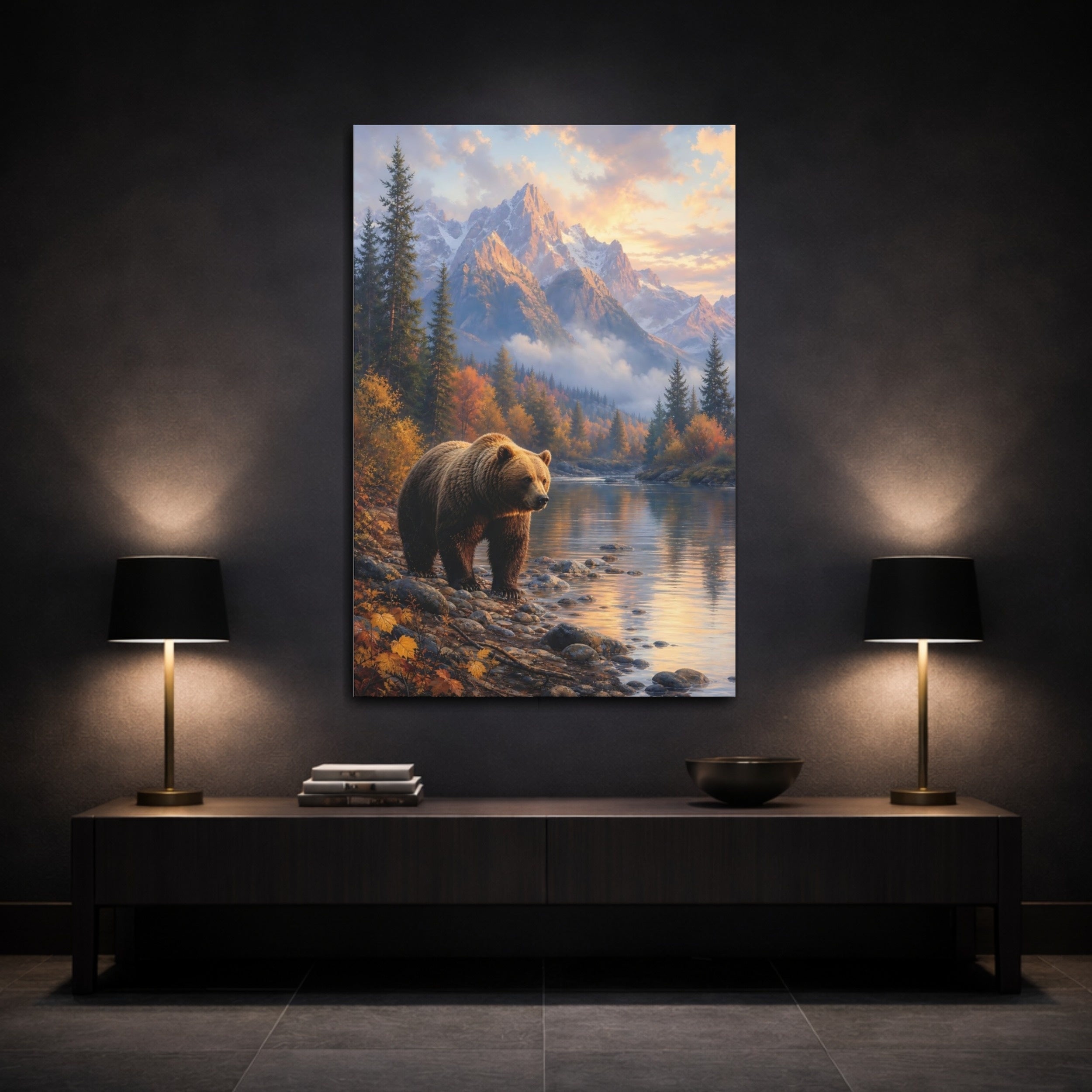 Mockup 3. Nature Bear Autumn Mountain Bear shown as stretched canvas wall art