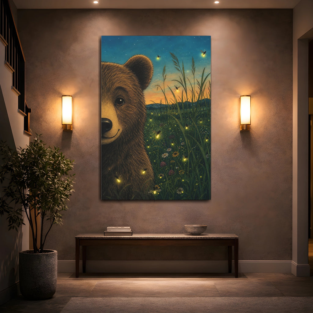Mockup 2. Nature Bear Bear Fireflies shown as stretched canvas wall art