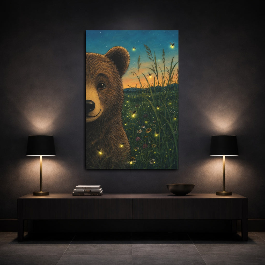 Mockup 3. Nature Bear Bear Fireflies shown as stretched canvas wall art