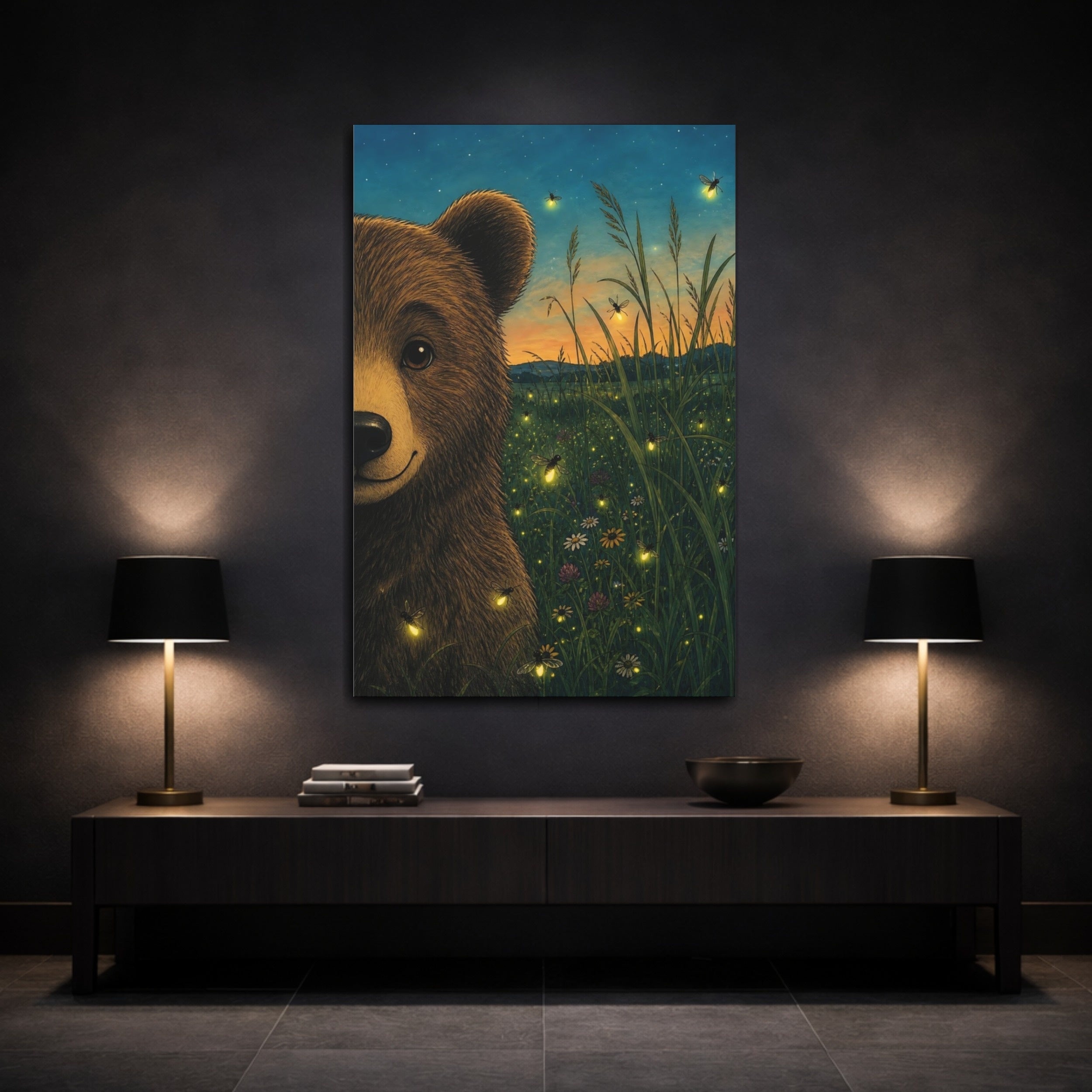 Mockup 3. Nature Bear Bear Fireflies shown as stretched canvas wall art
