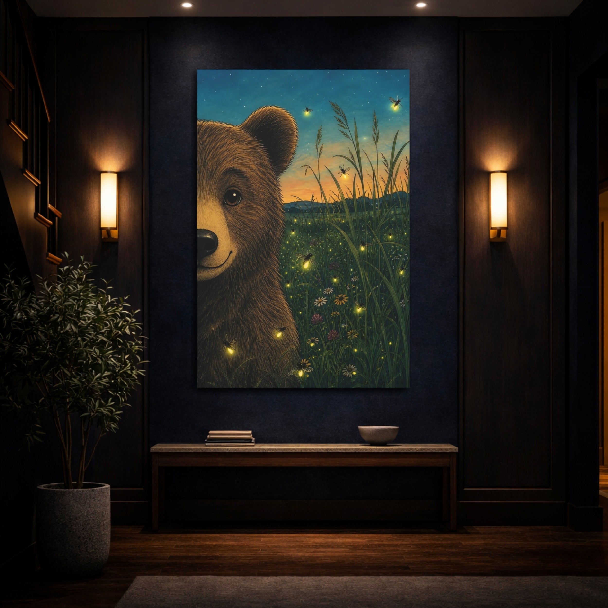 Mockup 4. Nature Bear Bear Fireflies shown as stretched canvas wall art