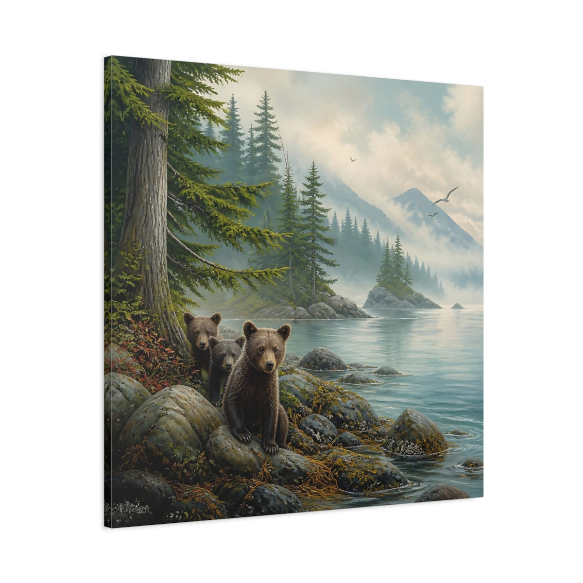 Main Mockup. Nature Bear Cubs Brown Bear Lake shown as stretched canvas wall art