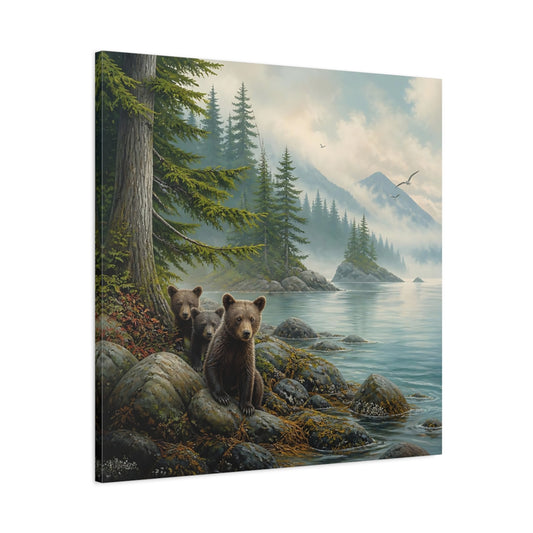 Main Mockup. Nature Bear Cubs Brown Bear Lake shown as stretched canvas wall art