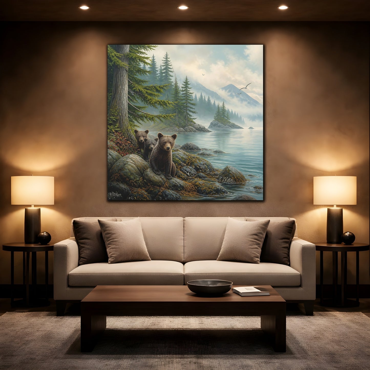 Mockup 2. Nature Bear Cubs Brown Bear Lake shown as stretched canvas wall art