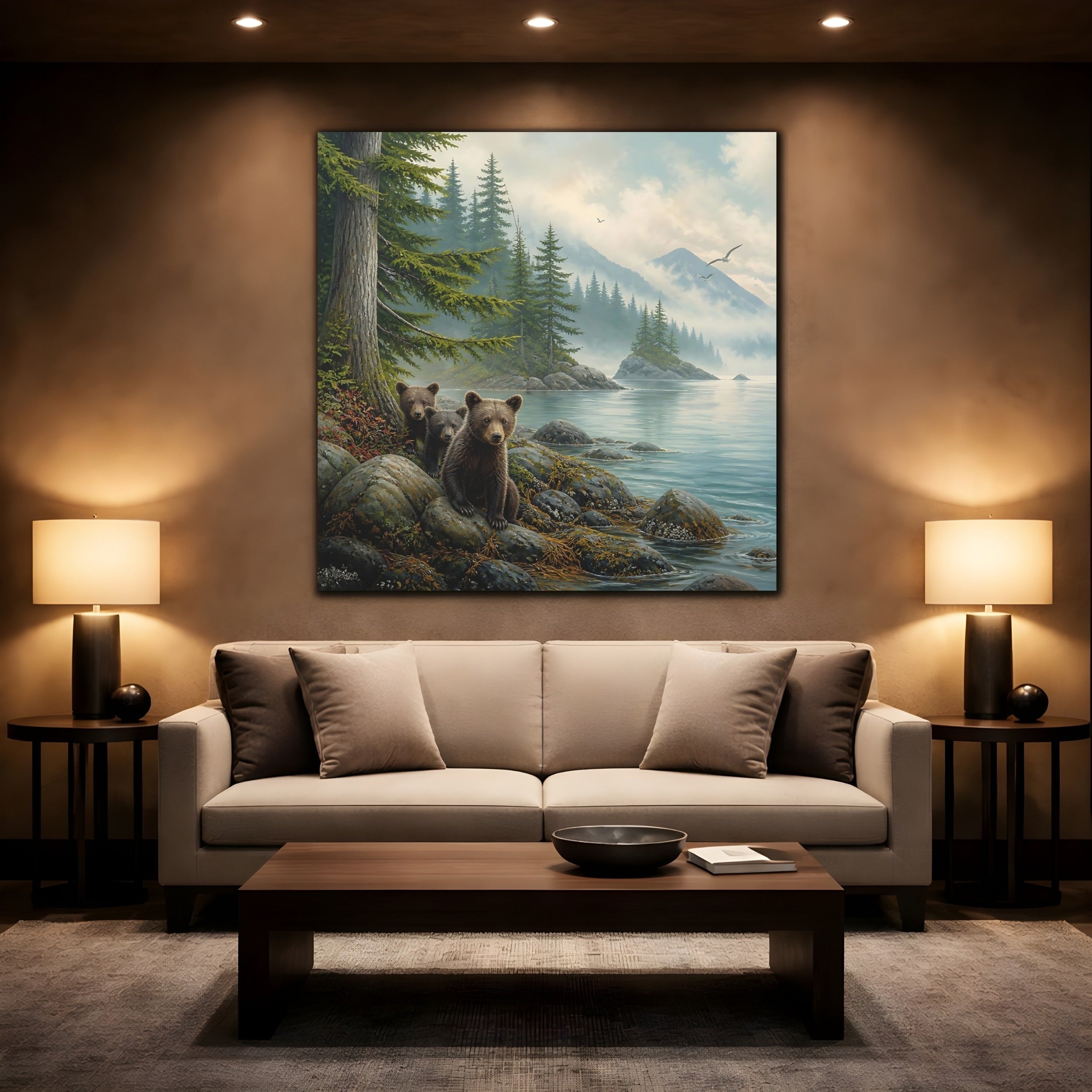 Mockup 2. Nature Bear Cubs Brown Bear Lake shown as stretched canvas wall art
