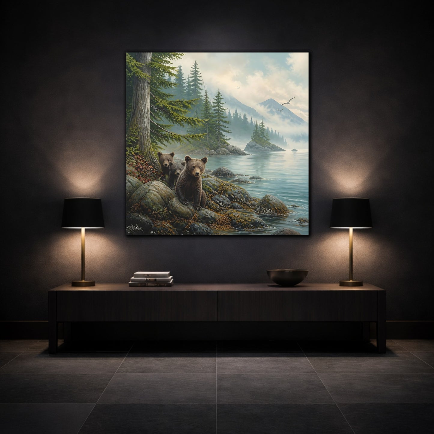 Mockup 3. Nature Bear Cubs Brown Bear Lake shown as stretched canvas wall art
