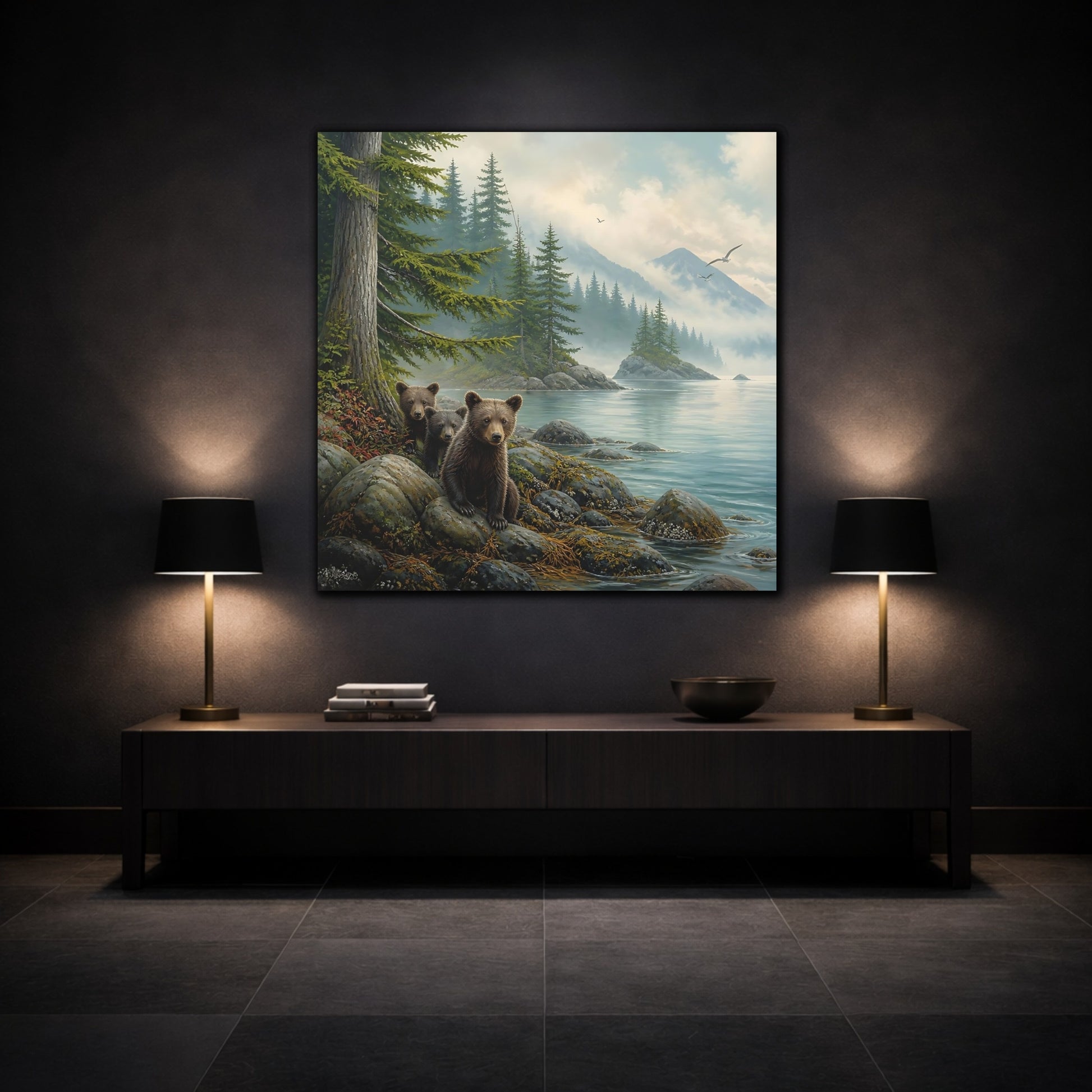 Mockup 3. Nature Bear Cubs Brown Bear Lake shown as stretched canvas wall art