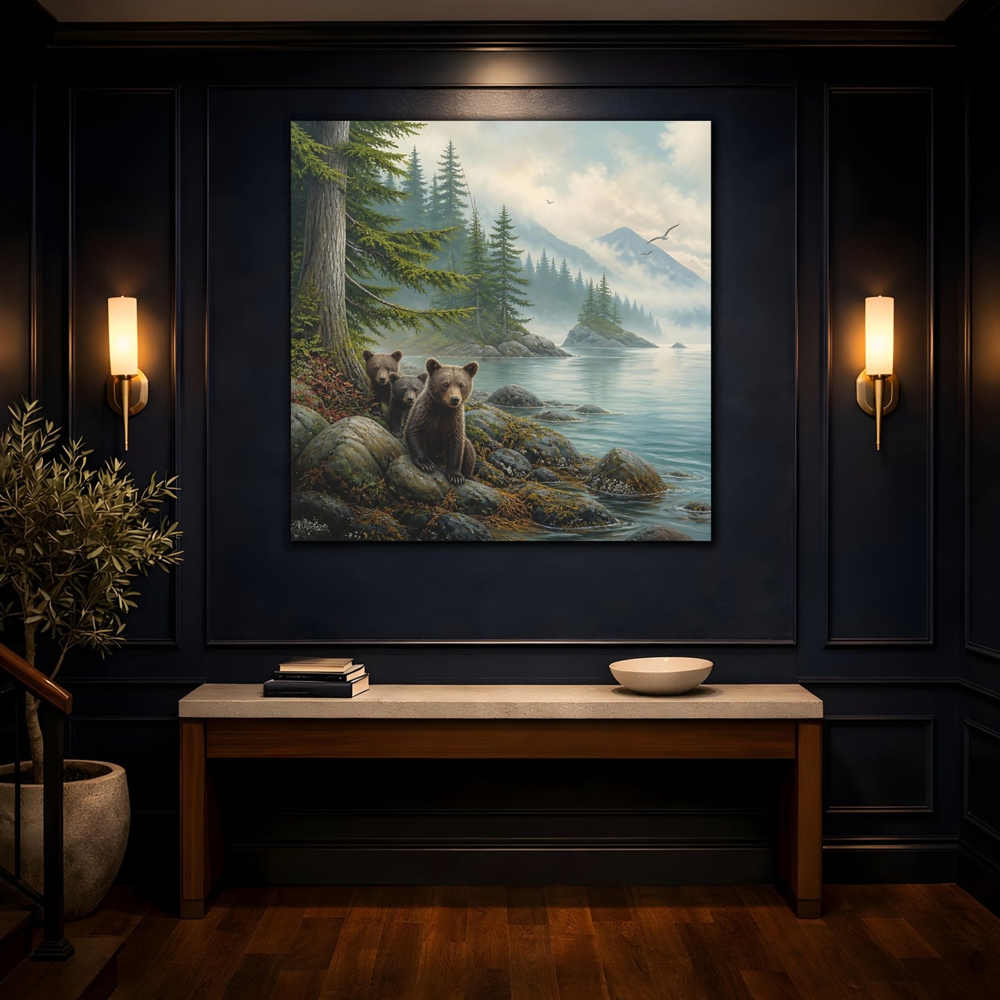 Mockup 4. Nature Bear Cubs Brown Bear Lake shown as stretched canvas wall art