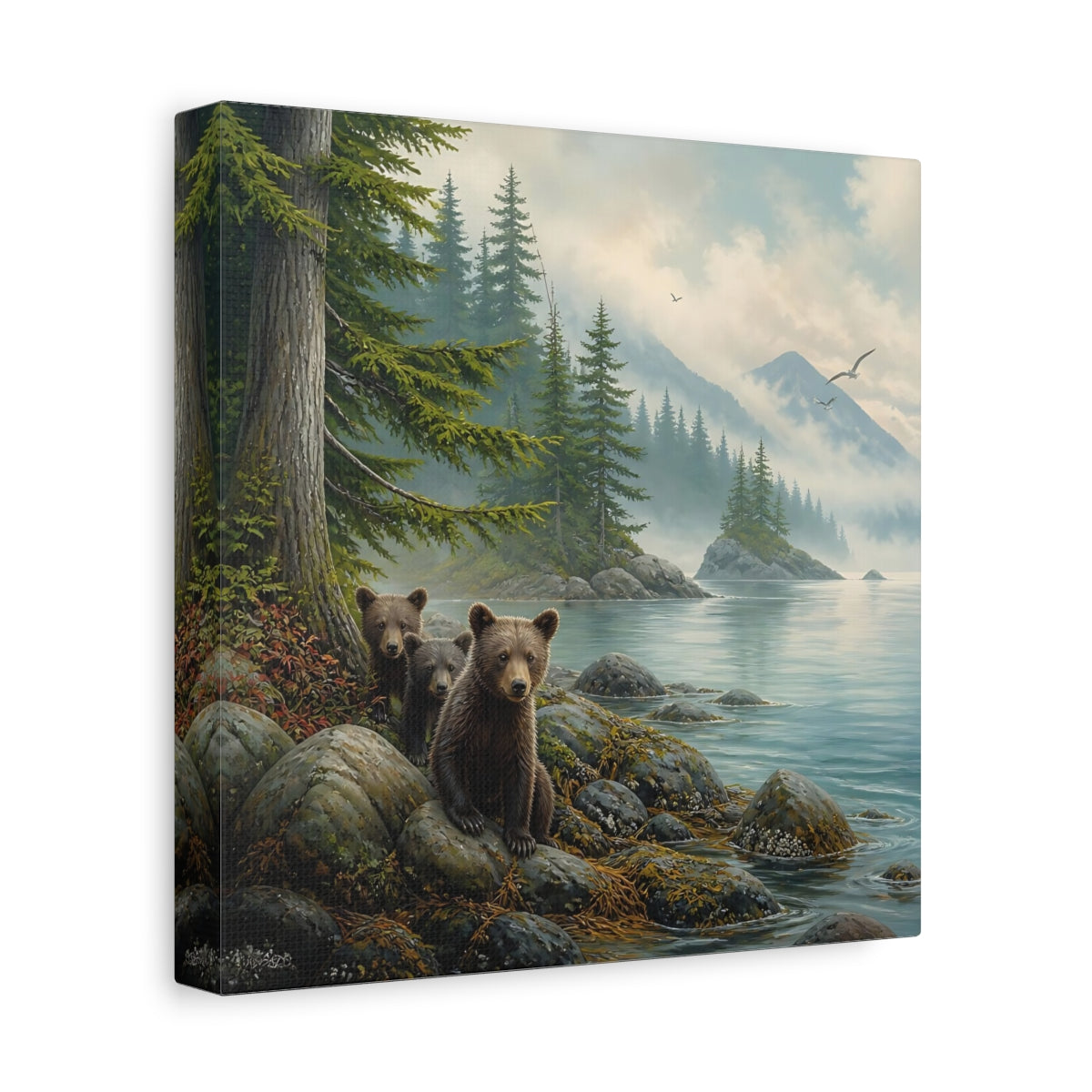 Side Mockup 9. Nature Bear Cubs Brown Bear Lake shown as stretched canvas wall art