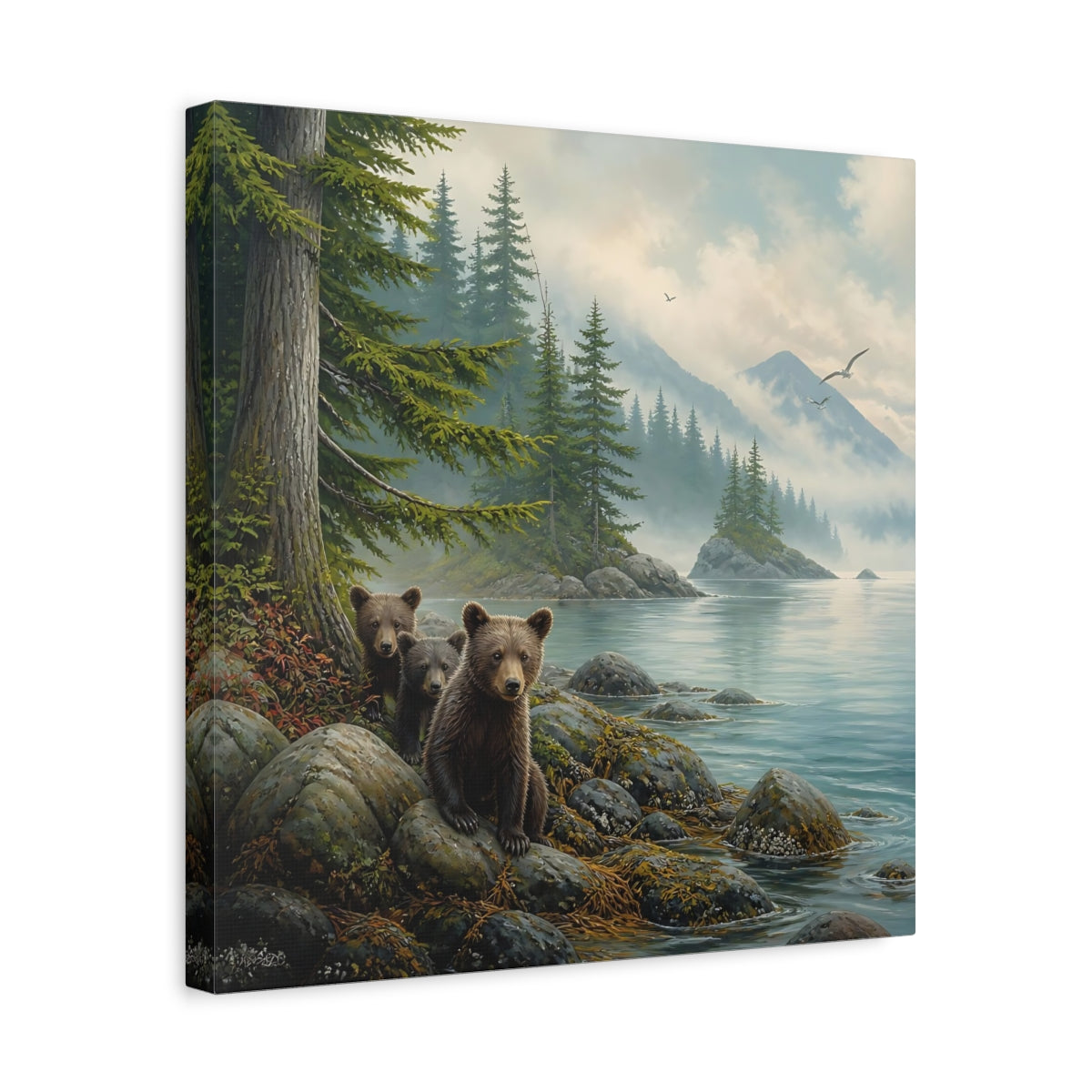 Side Mockup 6. Nature Bear Cubs Brown Bear Lake shown as stretched canvas wall art