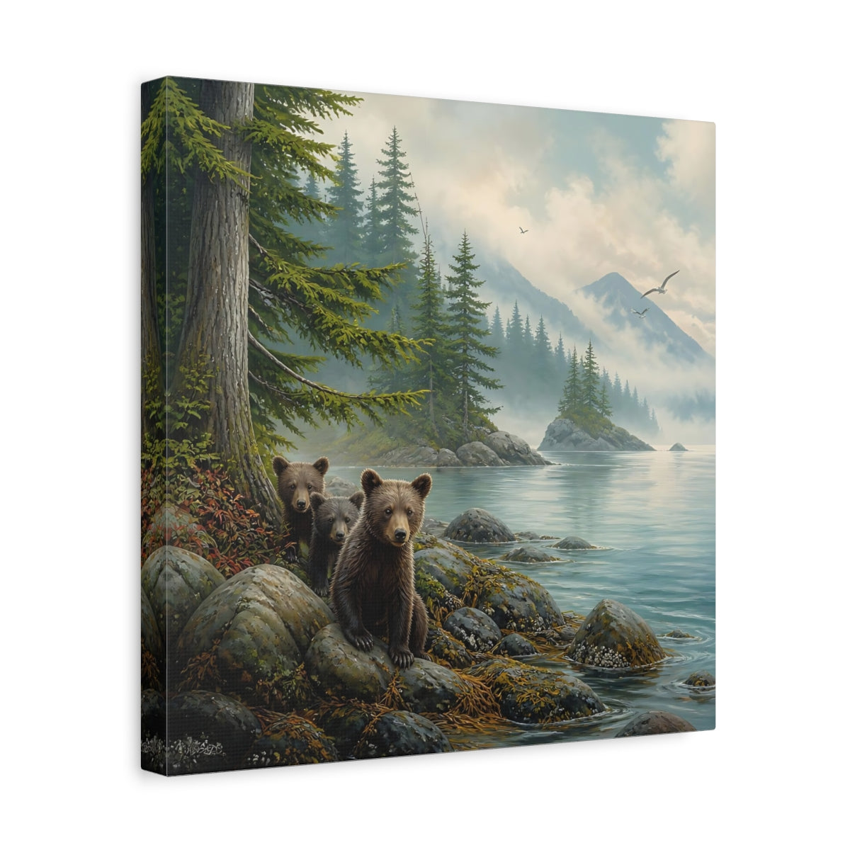 Side Mockup 7. Nature Bear Cubs Brown Bear Lake shown as stretched canvas wall art