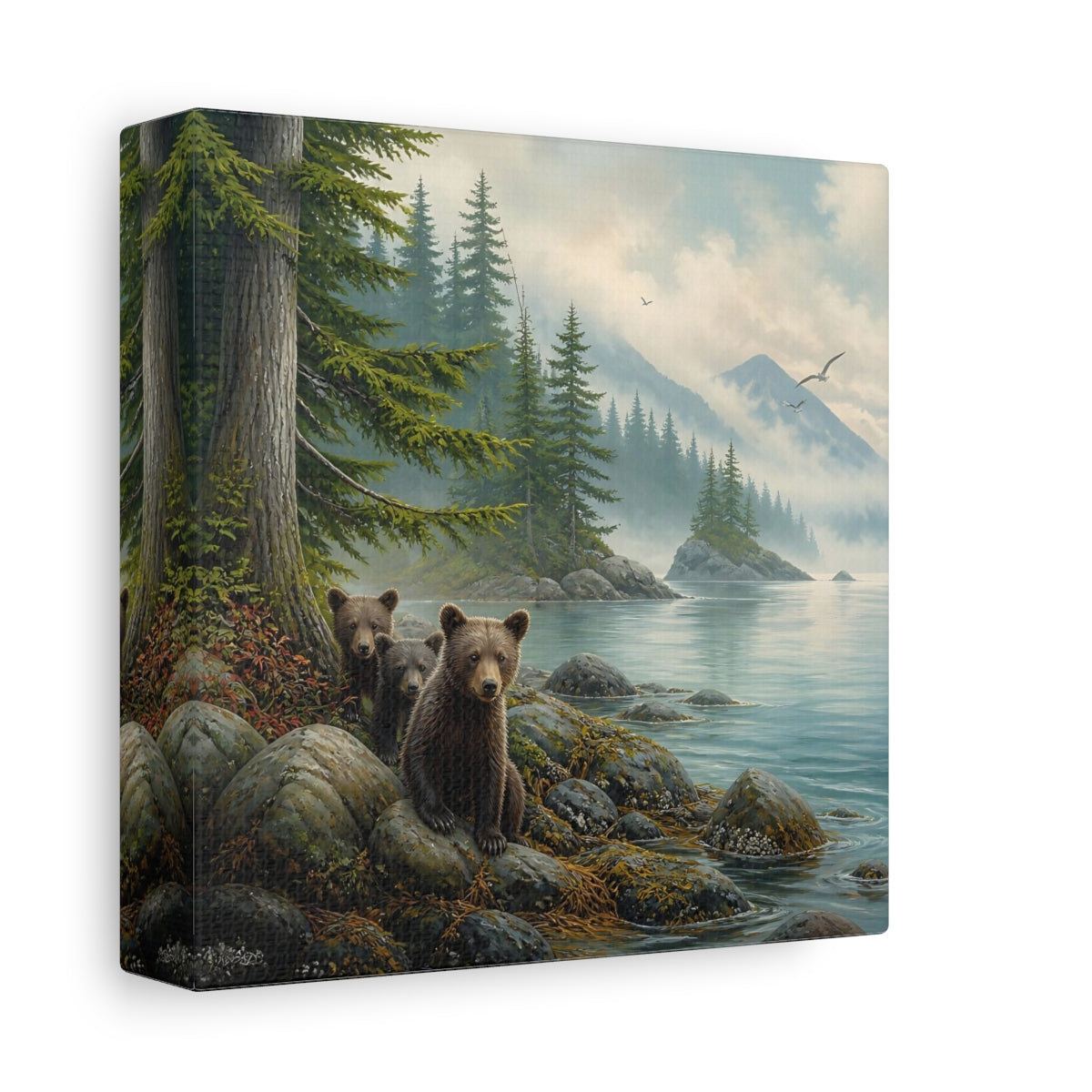 Side Mockup 2. Nature Bear Cubs Brown Bear Lake shown as stretched canvas wall art
