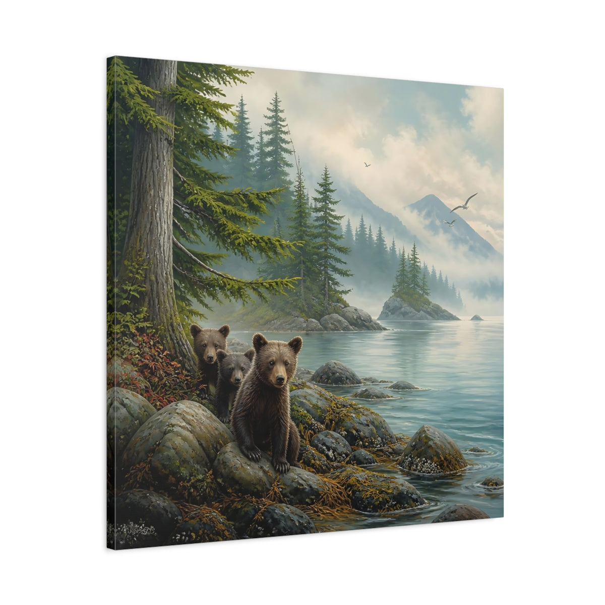 Side Mockup 3. Nature Bear Cubs Brown Bear Lake shown as stretched canvas wall art