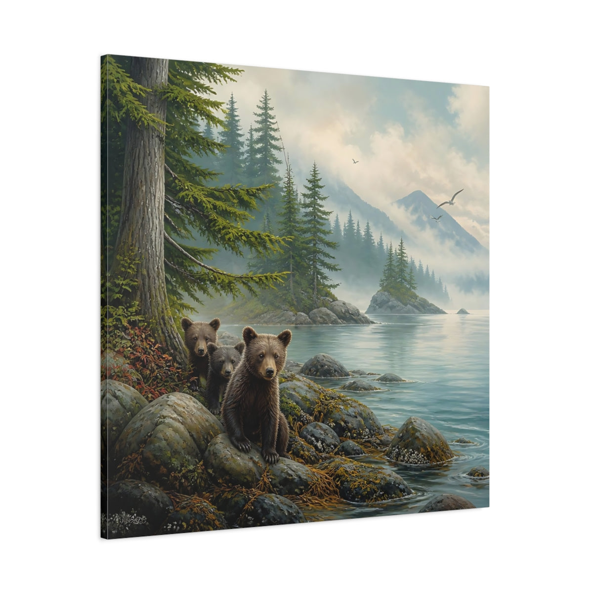Side Mockup 1. Nature Bear Cubs Brown Bear Lake shown as stretched canvas wall art