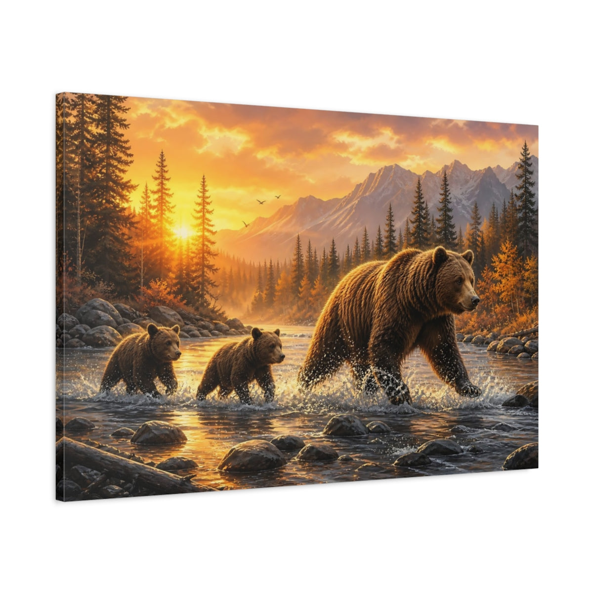 Main Mockup. Nature Bear Family Wildlife Sunset shown as stretched canvas wall art