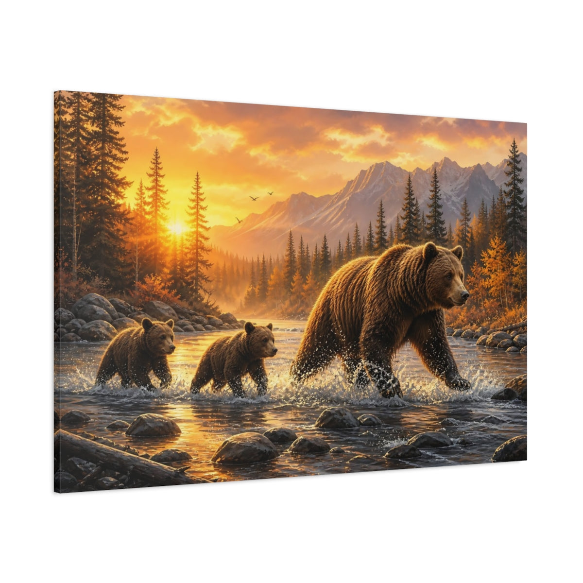 Side Mockup 1. Nature Bear Family Wildlife Sunset shown as stretched canvas wall art