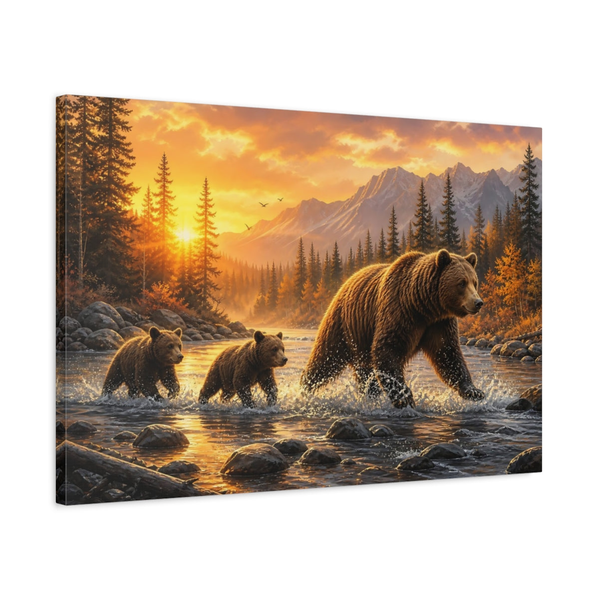 Side Mockup 2. Nature Bear Family Wildlife Sunset shown as stretched canvas wall art