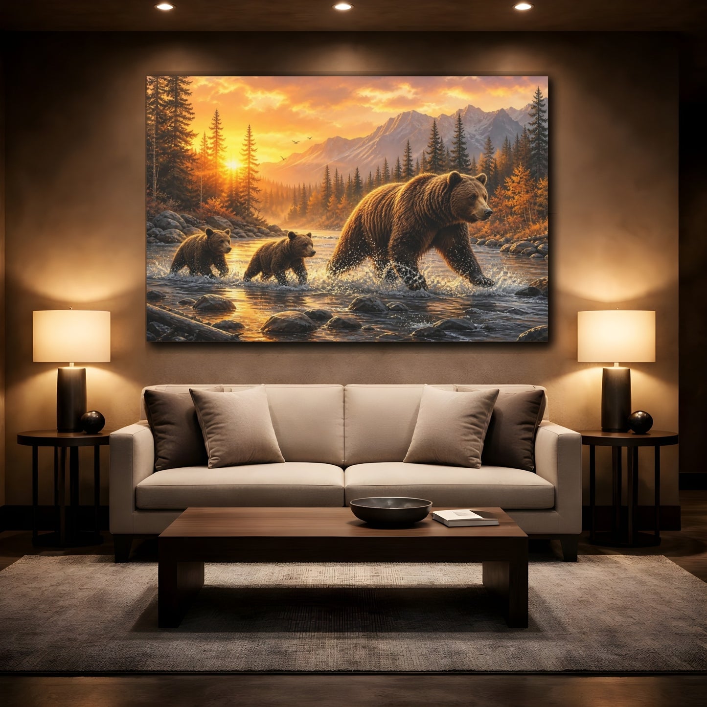 Mockup 2. Nature Bear Family Wildlife Sunset shown as stretched canvas wall art